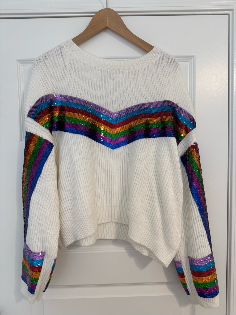 QOS: White Sweater with Rainbow Sequin Stripes
